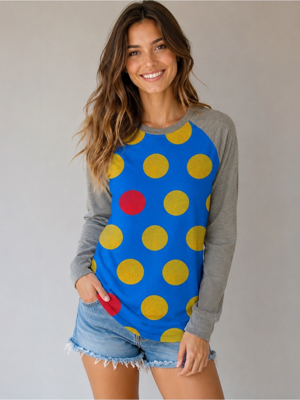 LuLaRoe Randy Top XXS Blue Polka Dot Raglan Sleeve Baseball Tee NWT